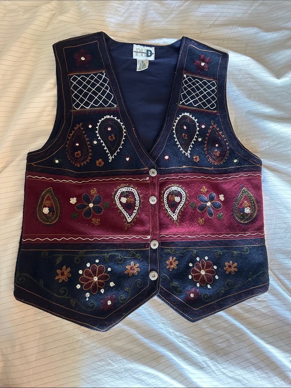 VTG Paul Harris Designs -Embroidered Wool Patchwork Vest - Burgundy & Navy - S